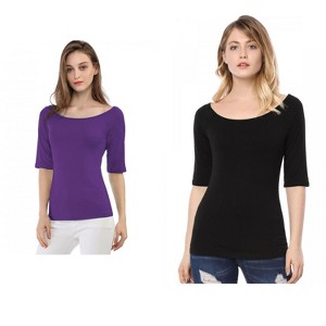Allegra K Women's Half Sleeves Scoop Neck Fitted Layering Soft T-Shirt 2 Packs - 1 of 4