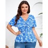 Coolmee Women's Plus Size Shirts V Neck Front Drawstring Casual Tunic Tops Short Sleeve Tightened Waist Floral Print Swing Blouse 4XL Blue - 2 of 4