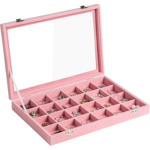 35-Grid Velvet Jewelry Tray with Clear Lid, Drawer Insert Organizer for Earrings & Rings, 13.8x9.5x2 Inches - 1 of 4