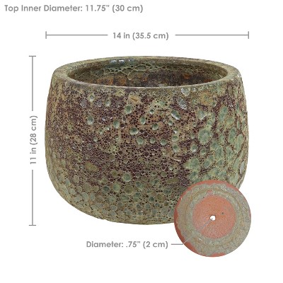Sunnydaze 14" x 14" x 11" Round Green Lava Finish Ceramic Outdoor Planter Pot - Thumbnail 2