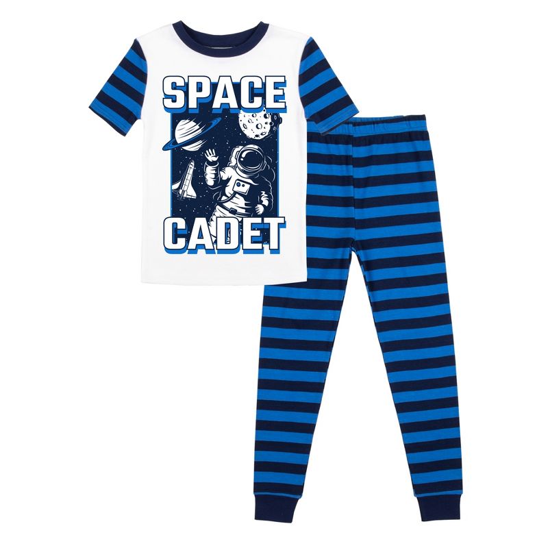 Space Cadet Youth Boy's Blue & Black Striped Short Sleeve Shirt & Sleep Pants Set, 1 of 5