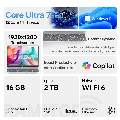 HP OmniBook 5 16" FHD+ Touchscreen Laptop, Core Ultra 7 255U, 16GB RAM, 1TB SSD, Wi-Fi 6, Win11 Pro, Silver
