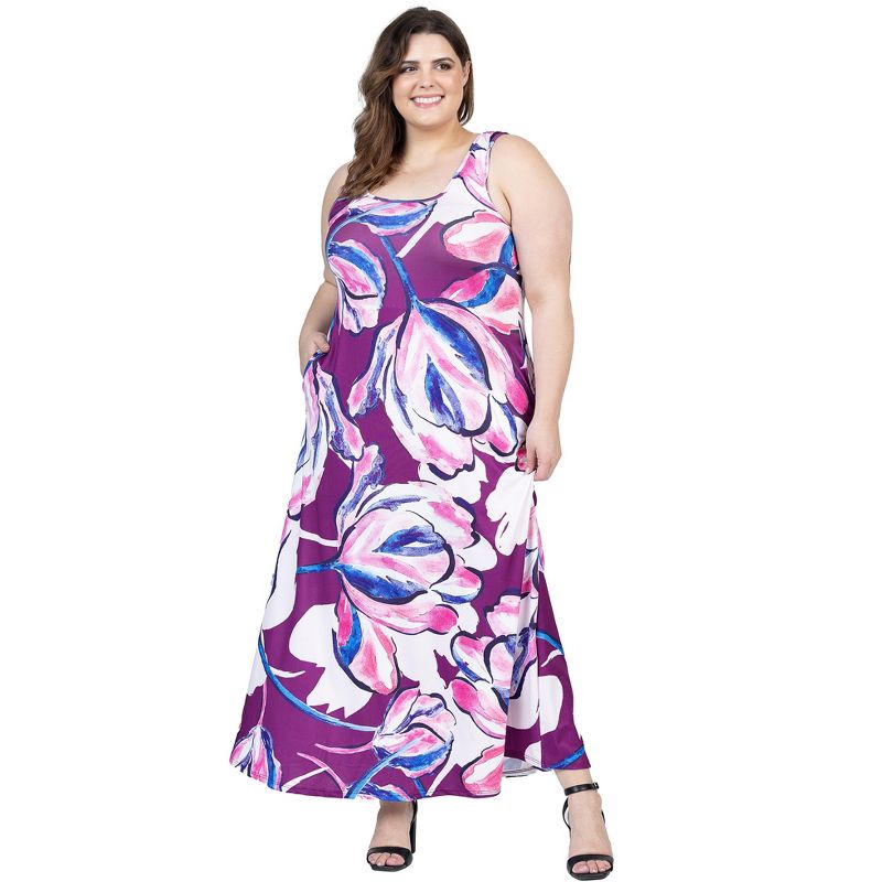24seven Comfort Apparel Plus Size Casual Purple Floral Scoop Neck Sleeveless Maxi Dress With Pockets, 4 of 7