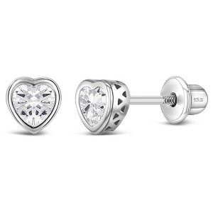 Girl's CZ Birthstone Heart Screw Back Sterling Silver Earrings - In Season Jewelry - 1 of 4
