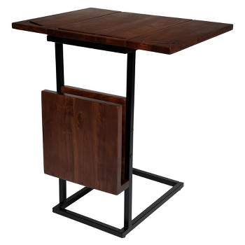 BIRDROCK HOME Acacia Wood Expandable C Shaped Side Table with Magazine Rack, Phone & Tablet Stand