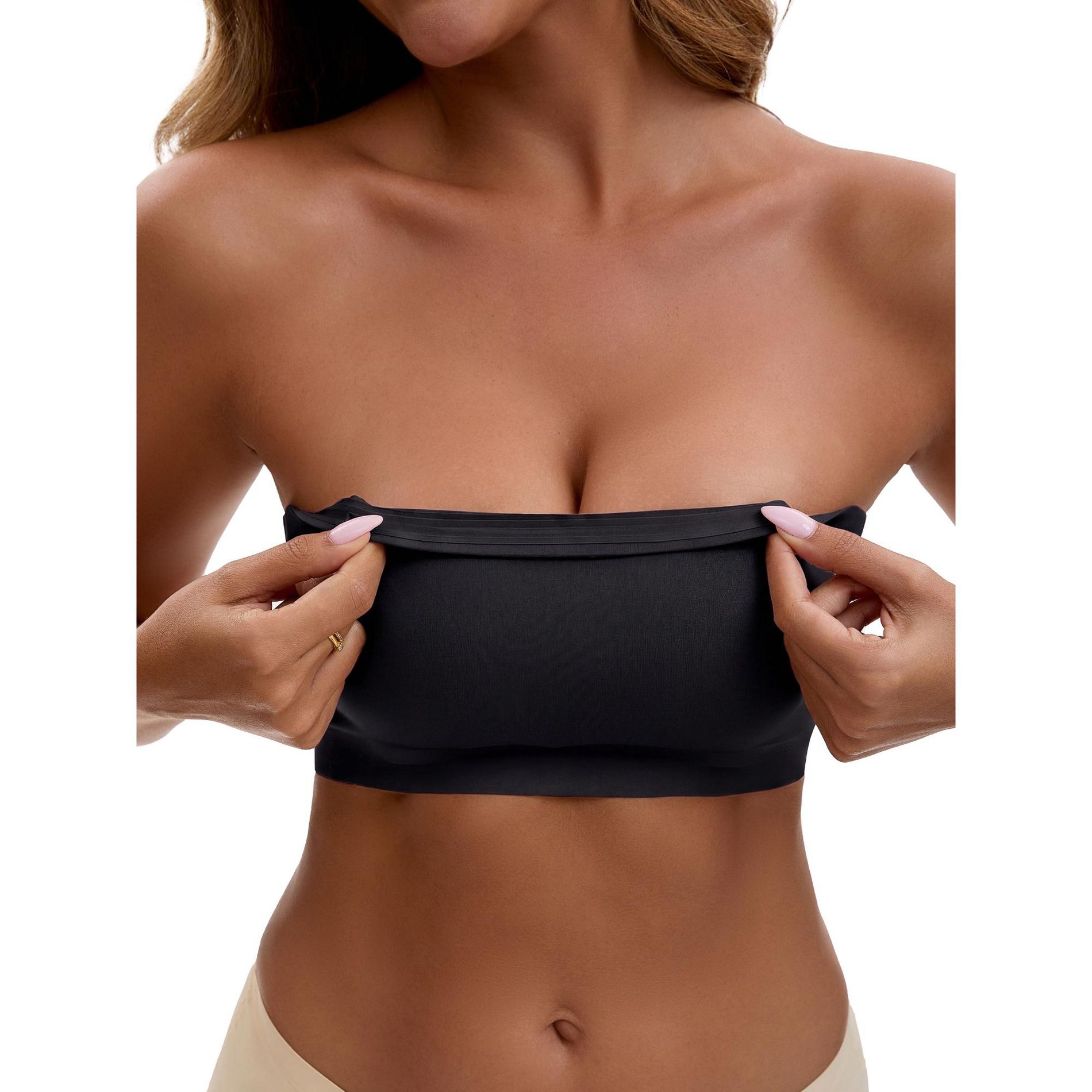 INSPIRE CHIC Women's Strapless Push Up Wirefree Bandeau Non-Slip Silicone Built-in Petal Pads Tube Bras Medium Black