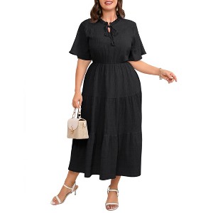 Women's Puff Short Sleeve Plus Size Boho Pleated Midi Dresses Casual  Crewneck Smocked Flowy Ruffle Maxi Sundress,Black,5X : Target