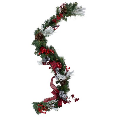 Pre-Lit Plaid Bows and Red Berries 6' Christmas Garland with Warm White Lights