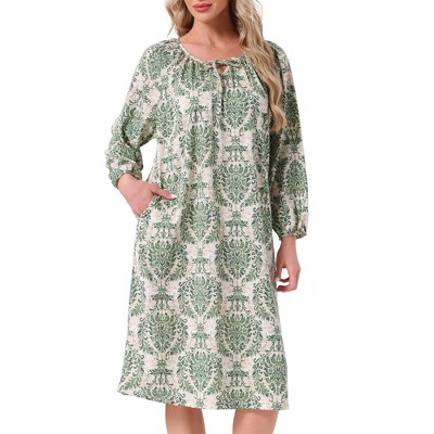 INSPIRE CHIC Womens One-piece Pajamas Shirt Floral Printed Long Sleeve Round Neck Tie Front Nightgown with Pocket