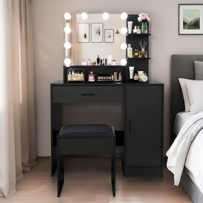 NicBex Makeup Vanity Desk with Mirror and Lights,Wood Makeup Table with Drawer & Storage Cabinet for Bedroom