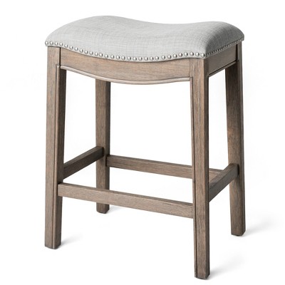 HomeRoots 26" Gray and Oak Fabric and Solid Wood Backless Counter Height Bar Chair