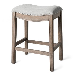 HomeRoots 26" Gray and Oak Fabric and Solid Wood Backless Counter Height Bar Chair - 1 of 4