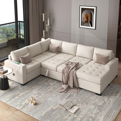 108.3" U-Shape Sectional Sleeper Sofa with Pull-Out Bed, Chaise Lounge, USB & Type-C Ports