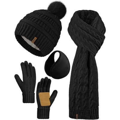 ZUPPAD 4-in-1 Women Winter Beanie Hat Scarf Touchscreen Gloves Ear Warmer Set Fleece Lined Warm Knit Skull Cap with Pom Pom