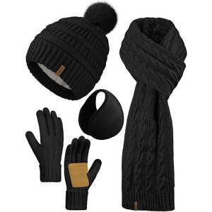 ZUPPAD 4-in-1 Women Winter Beanie Hat Scarf Touchscreen Gloves Ear Warmer Set Fleece Lined Warm Knit Skull Cap with Pom Pom - 1 of 4