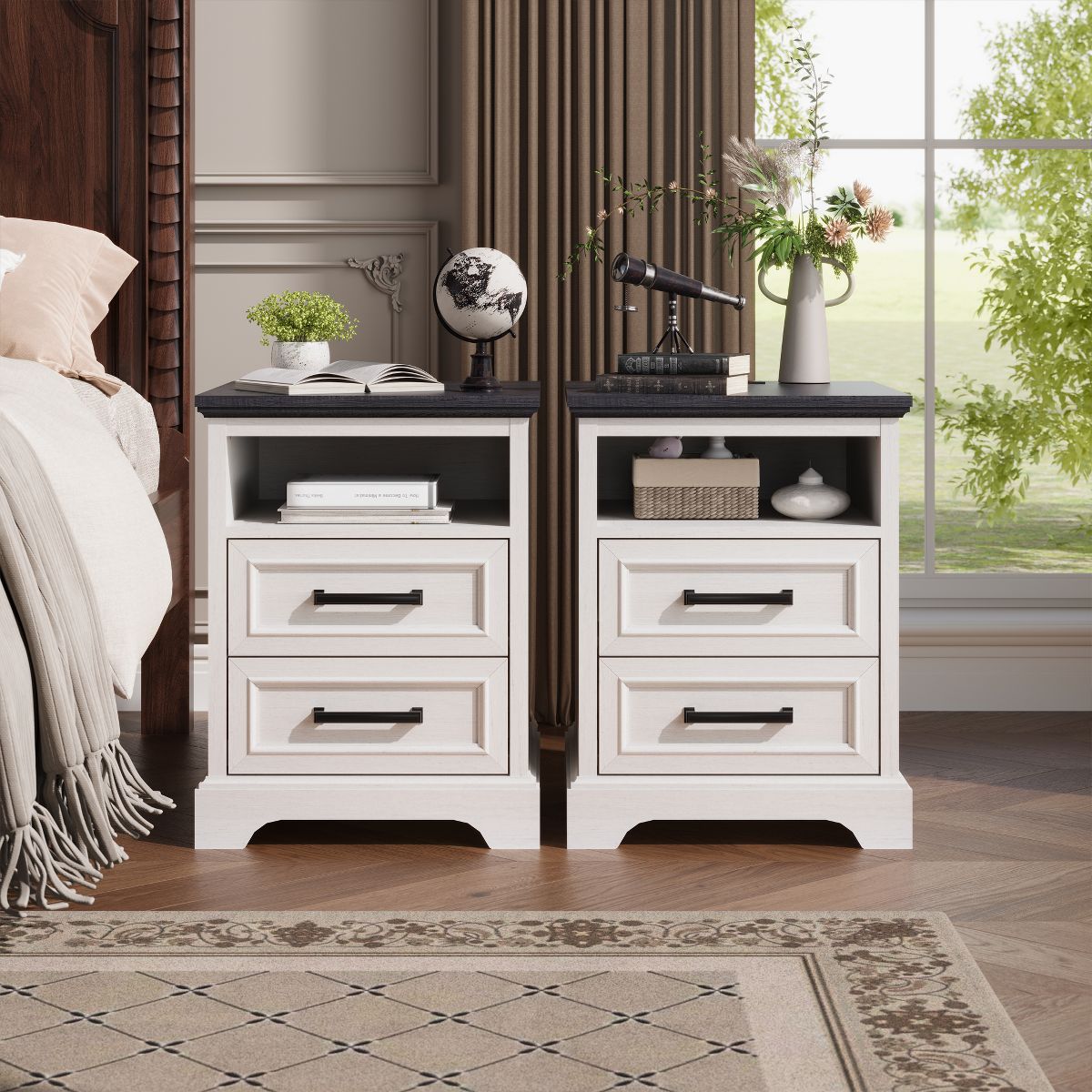18" Farmhouse Nightstand Set of 2 with Charging Station, End Table with 2 Drawers Storage for Bedroom, Living Room, White