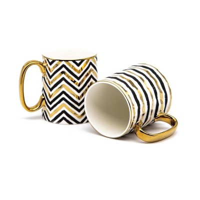 Black and Gold Geometric Ceramic Coffee Mugs, Set of 2