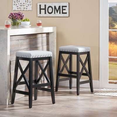 Black Rubberwood Backless Barstools with Light Gray Upholstered Seats, Set of 2
