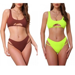 INSPIRE CHIC Women's Ribbed Scoop Neck Top Triangle Bottom Swimwear Bikini Suits 2 Sets - 1 of 4