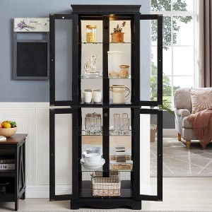 Kumasinova 70" Glass Display Storage Cabinet with Lighting,Kitchen Storage Cabinets with Wood Frame,Pantry Cabinet for Kitchen&Dining Room,Black - 1 of 4
