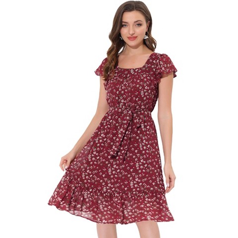 Женские платья INSPIRE CHIC Women's Floral Chiffon Flutter Sleeve Belted Square Neck Ruffled Hem Dress Blue Large