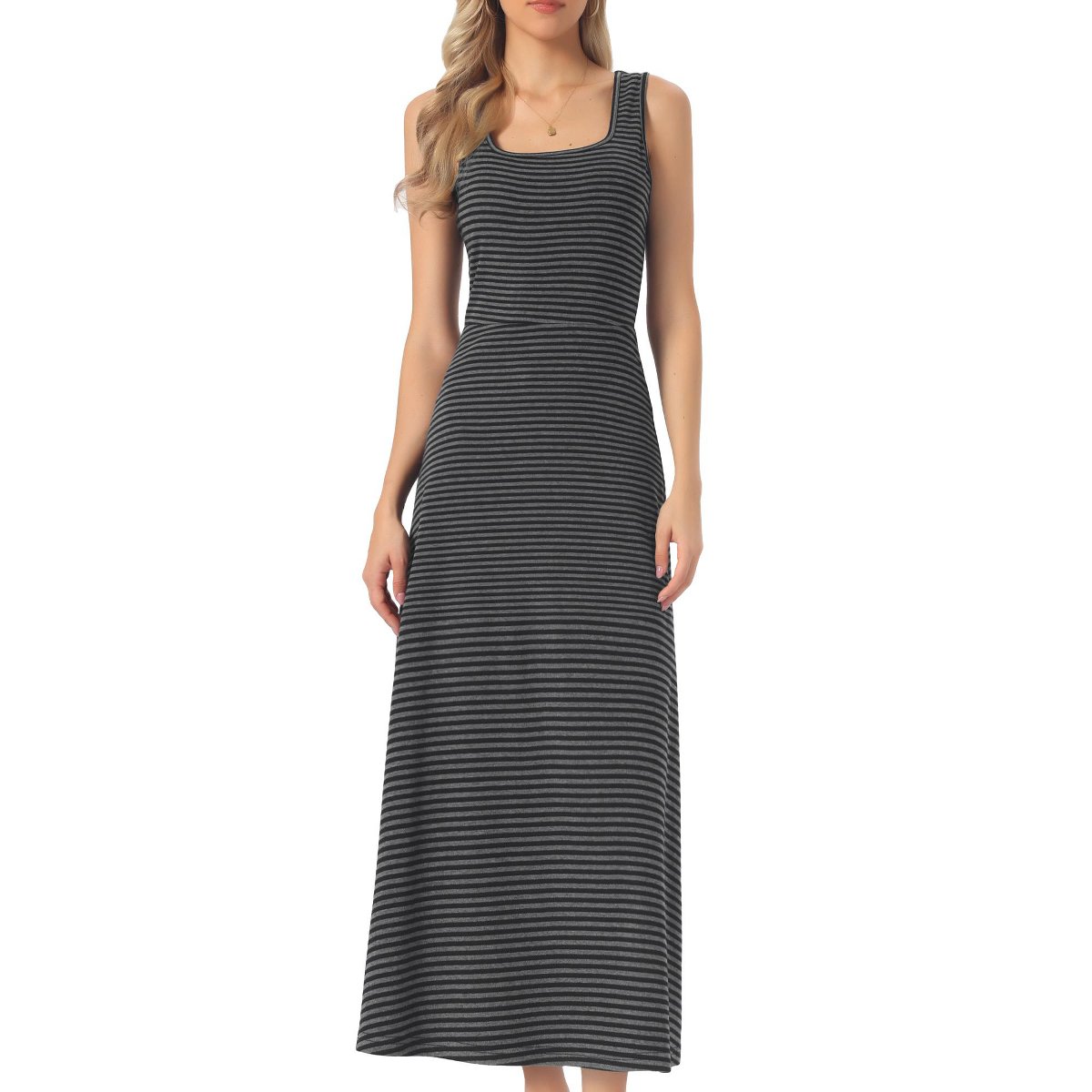 Женские платья INSPIRE CHIC Women's Striped Summer Ribbed Knit Sleeveless Square Neck Bodycon Maxi Dresses Gray Medium — фото 4