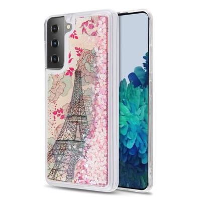 MyBat Quicksand Glitter Hybrid Protector Cover Case Compatible With Samsung Galaxy S21 Plus - Eiffel Tower Pink Hearts