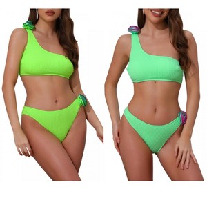 INSPIRE CHIC Women's 3D Rose Floral One Shoulder Ribbed Triangle Bottoms Swimwear Bathing Bikini Suits 2 Sets - 1 of 4