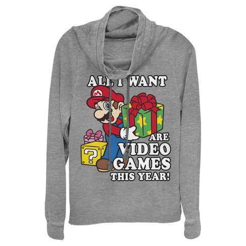 Juniors Womens Nintendo Christmas Mario All I Want Are Video Games Cowl Neck Sweatshirt - image 1 of 3