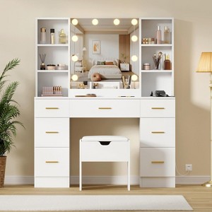 56"Makeup Vanity with Power Outlet & Storage Shelves, Bedroom Dressing Table with 7 Drawers for Women & Girls, 3 Lighting Modes - 1 of 4