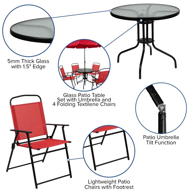 Emma and Oliver 6 Piece Patio Garden Set with Table, Umbrella and 4 Folding Chairs, 5 of 13