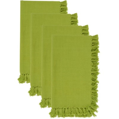 Kiwi Green Fringed Cotton Table Napkins, Set of 4