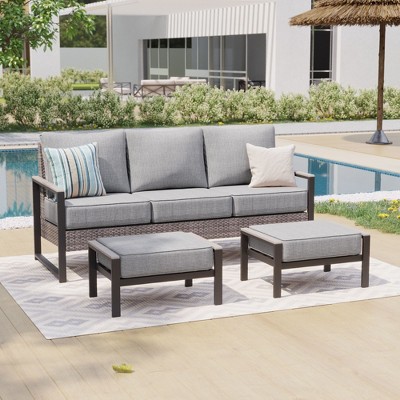 Sonkuki 3 Pieces Sofa with Side Table, All-Weather PE Rattan Wicker Set Patio Conversation Couch with Cushion