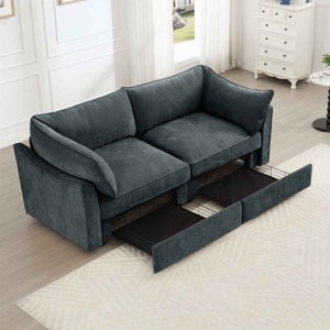 2-Seater Sofa with Pull-Out Storage Drawers, Sofa with Crescent Armrests and Piped Edge, Upholstered Chenille Sofa with Cushion-Coolbibila - 1 of 4