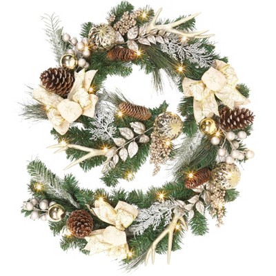 6Ft Christmas Garland with Lights, Prelit Outdoor Xmas Garland with Gold Ball Ornaments Pine Cones Antlers