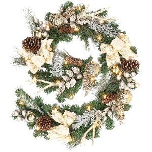 6Ft Christmas Garland with Lights, Prelit Outdoor Xmas Garland with Gold Ball Ornaments Pine Cones Antlers - 1 of 4