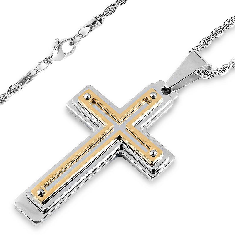 Men's West Coast Jewelry Silvertone and Goldplated Stainless Steel Multiple Layer Cross Pendant, 2 of 4