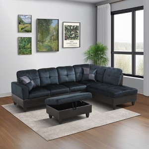 AndMakers 103.5 in. W Square Arm 3-piece L Shaped Polyester Modern Sectional Sofa in Dark Blue with Storage - 1 of 4