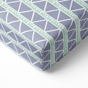 Bacati - Noah Mint/Navy Large Triangles Muslin 100 percent Cotton Universal Baby US Standard Crib or Toddler Bed Fitted Sheet - 1 of 4