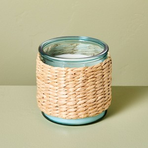 2-Wick Tinted Glass Sun and Citron Rattan Wrapped Jar Candle Blue 13oz - Hearth & Hand™ with Magnolia - 1 of 3