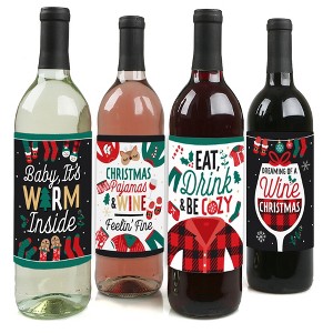 Big Dot of Happiness Christmas Pajamas - Holiday Plaid PJ Party Decorations for Women and Men - Wine Bottle Label Stickers - Set of 4 - 1 of 4