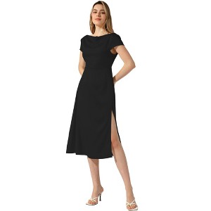 Allegra K Women's Satin Cowl Neck Cap Sleeve Backless Twist Split Midi Cocktail Dress - 1 of 4