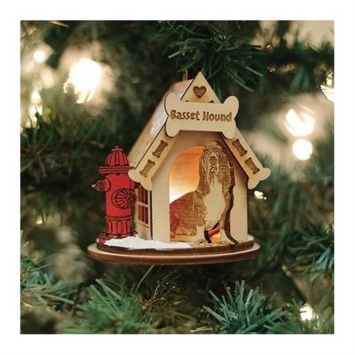Wooden Basset Hound Doghouse Christmas Ornament with Fire Hydrant