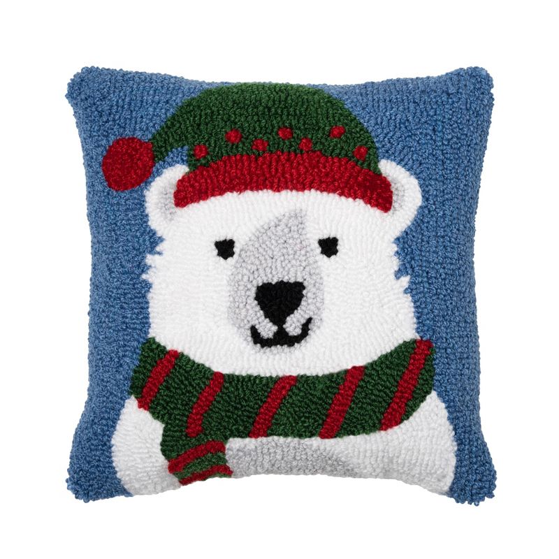 C&F Home 12" x 12" White Polar Bread Wearing Hat and Scarf on Blue Background Holiday Winter Cotton Hooked Pillow Accent Throw Pillow, 1 of 4