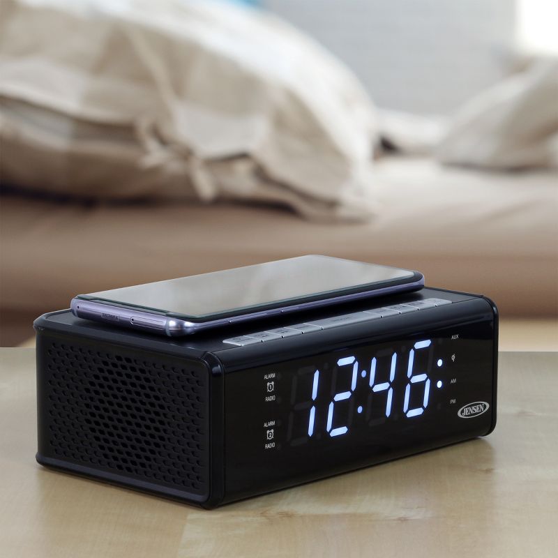 JENSEN QiCR-200 AM/FM Digital Dual Alarm Clock Radio with Wireless Qi Charging, 6 of 7
