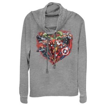 Juniors Womens Marvel Valentine's Day Avenger Heart Collage Cowl Neck Sweatshirt