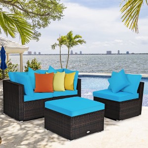 Costway 4PCS Patio Rattan Wicker Furniture Set Cushioned Sofa Ottoman Garden Turquoise\Red - 1 of 4