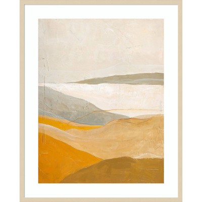 Yellow and Brown Abstract Landscape Lithograph with Wood Frame