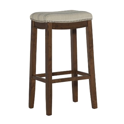 Claridge Backless Nailhead Saddle Barstool Charcoal Stripe - Linon: Rubberwood Frame, Upholstered Seat, 32" Height