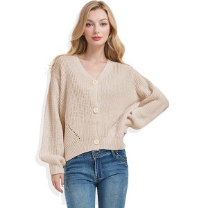 Anna-Kaci Women's Long Lantern Sleeve Cardigan Button Down Open Front Knit Sweater Cardigan - 1 of 4